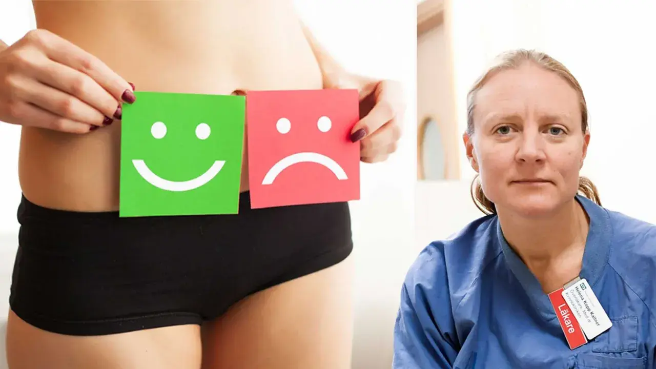 Kvinna håller upp glada och ledsna ansikten. Läkare i blå kläder. Kan klumpiga flytningar vara ett tecken på något?