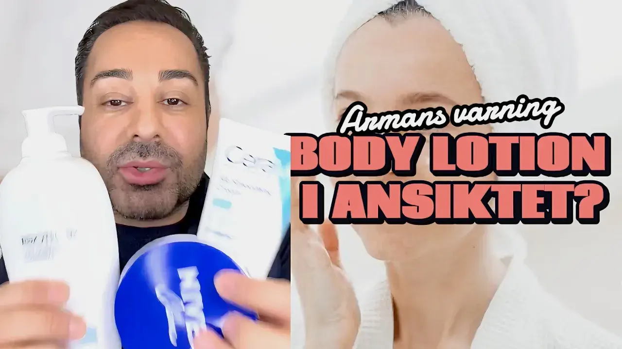 Man visar upp body lotion i ansiktet. Frågan är om det är bra för huden?