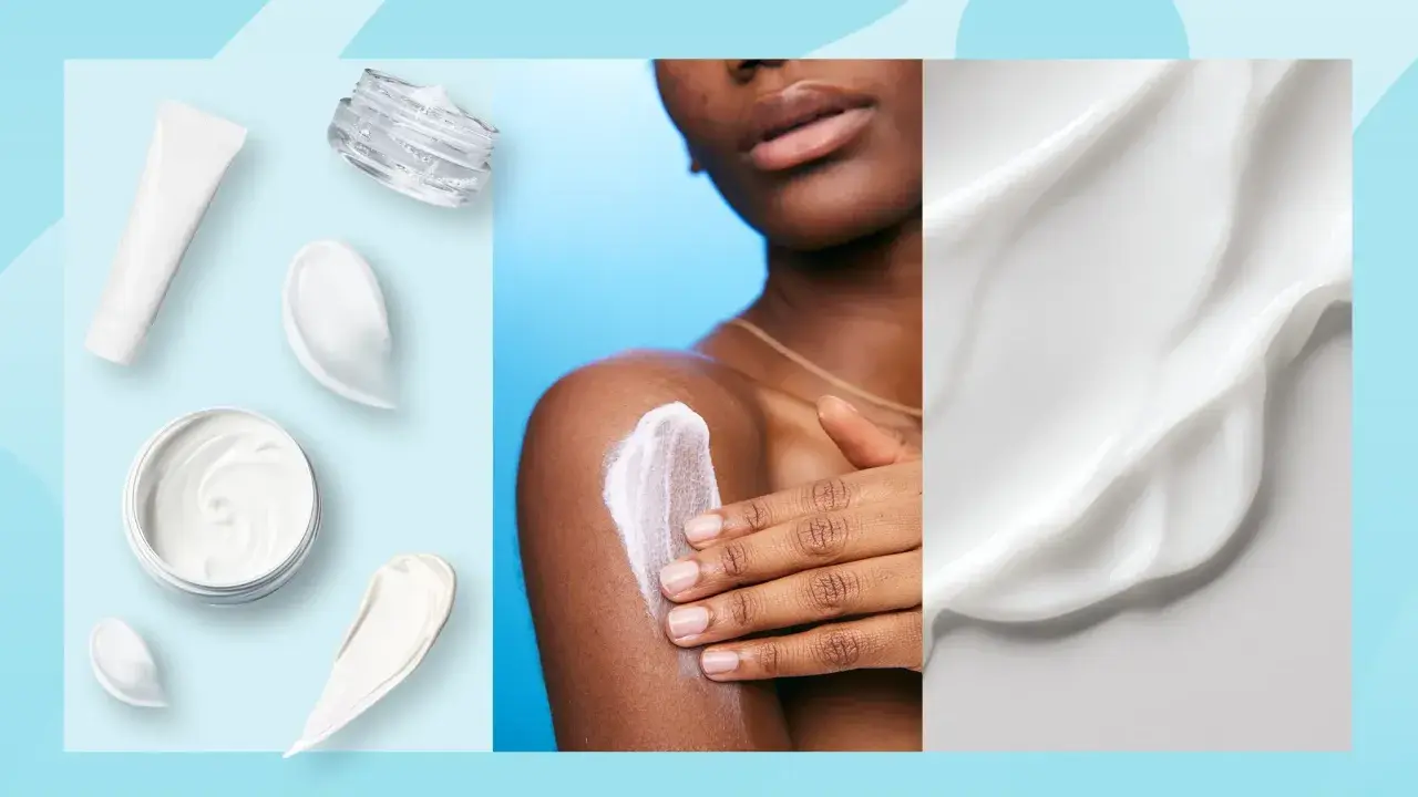 Krämer och lotions för hudvård, inklusive en person som applicerar kräm på armen. Karbamid i ansiktet kan ge återfuktning.