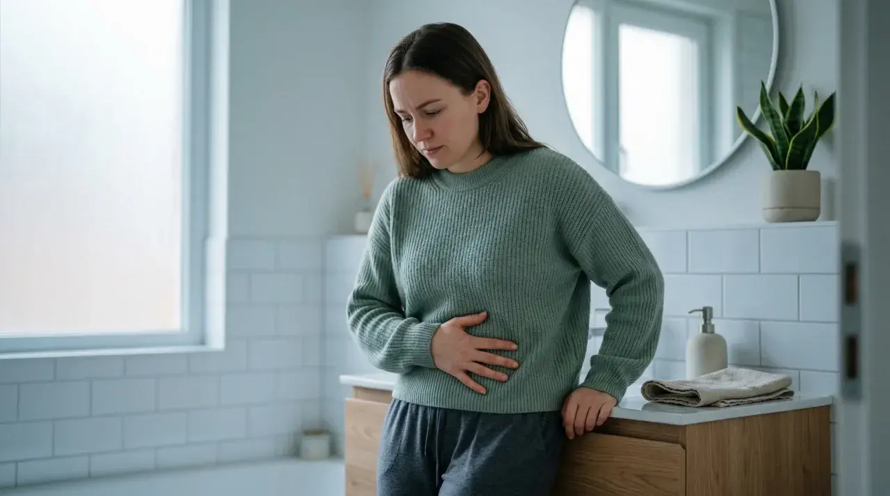 Kvinna med handen på magen, känner obehag som kan kopplas till mykoplasma i underlivet.