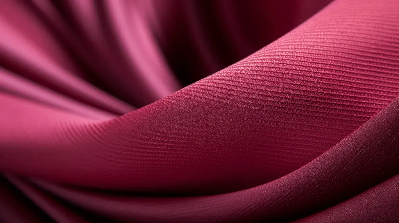 Mörkröd textil med veck och en fin ribbad textur. En visuell presentation av olika tyger.