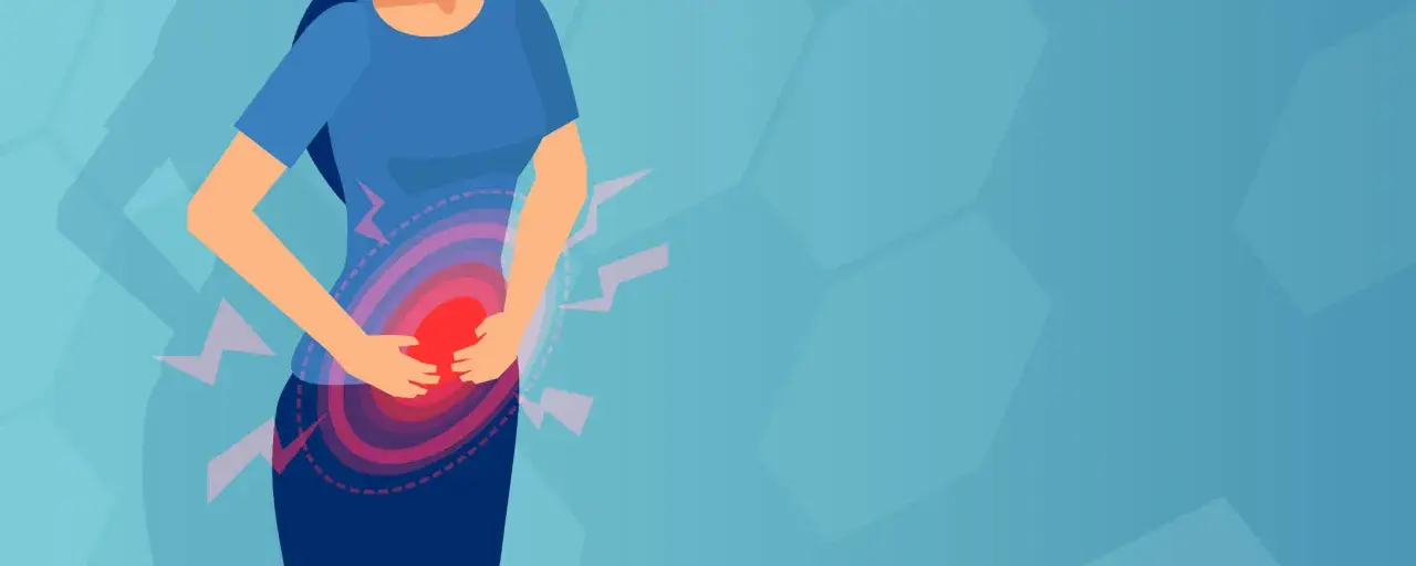 Person med magsmärtor, illustration som visar smärtområde och blixtar. Kan symbolisera behovet av ibs behandling.