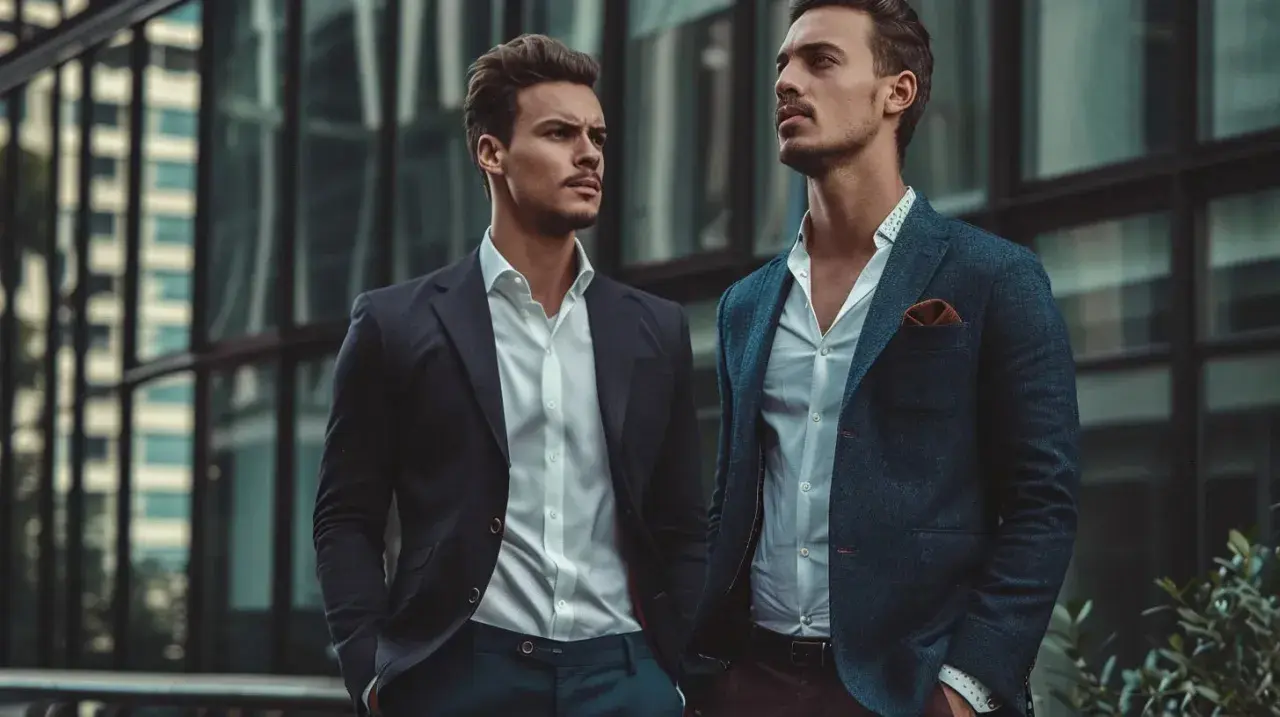 Två stiliga män i kostym framför en modern byggnad. En perfekt stilguide herr för den moderna mannen.