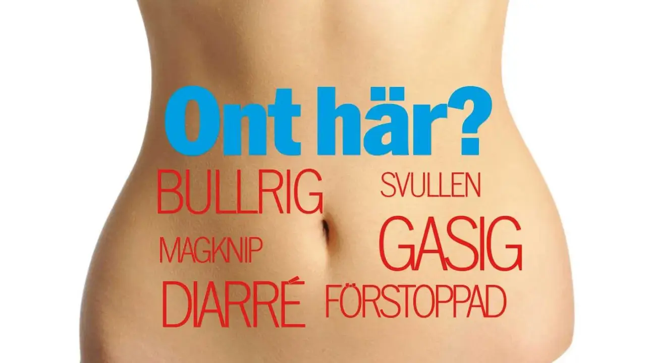 En mage som känns bubblig efter magsjuka kan vara besvärlig. Texten "Ont här?" omger ord som bullrig, svullen, magknip, gasig, diarré och förstoppad.