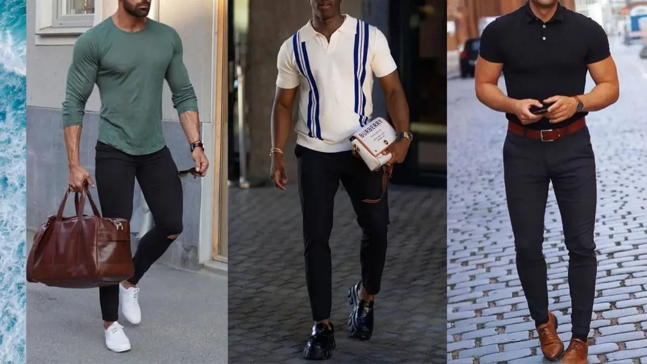Tre män visar upp smart casual-mode. En med grön tröja och väska, en med randig pikétröja och en med svart pikétröja och brunt bälte.