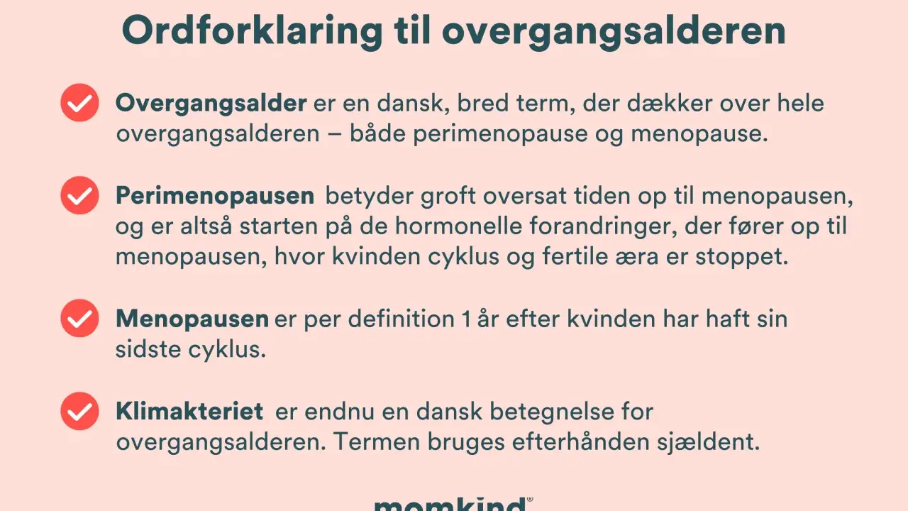 Förklaring av övergångsaldern, perimenopaus, menopaus och klimakteriet. Klimakteriet är en äldre term för övergångsaldern.