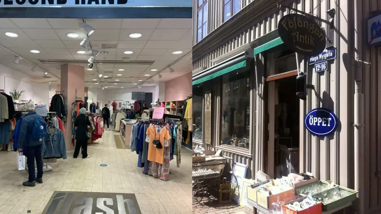 Två scener från stora loppisar: en modern second hand-butik med kläder och en antikaffär med skylten "Öppet".