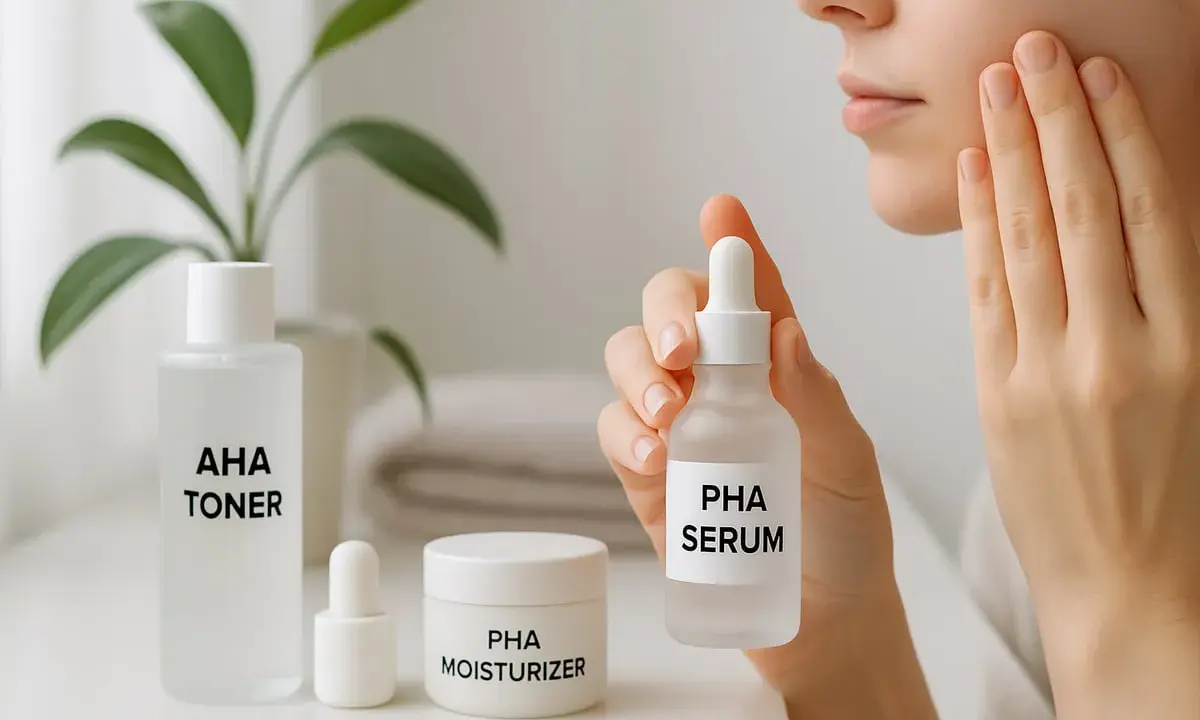 En person applicerar PHA serum för en mjukare hud. Bredvid står PHA moisturizer och AHA toner.