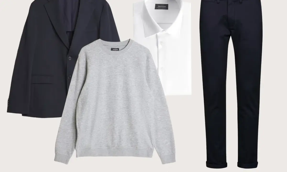 En marinblå kavaj, grå sweatshirt, vit skjorta och marinblå chinos. En klassisk outfit som passar bra när man funderar på vad ska jag ha på mig idag.