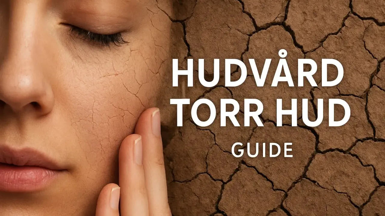 Närbild på en ansikte med torr hud, som liknar sprickor i torr jord. Texten "HUDVÅRD TORR HUD GUIDE" syns.