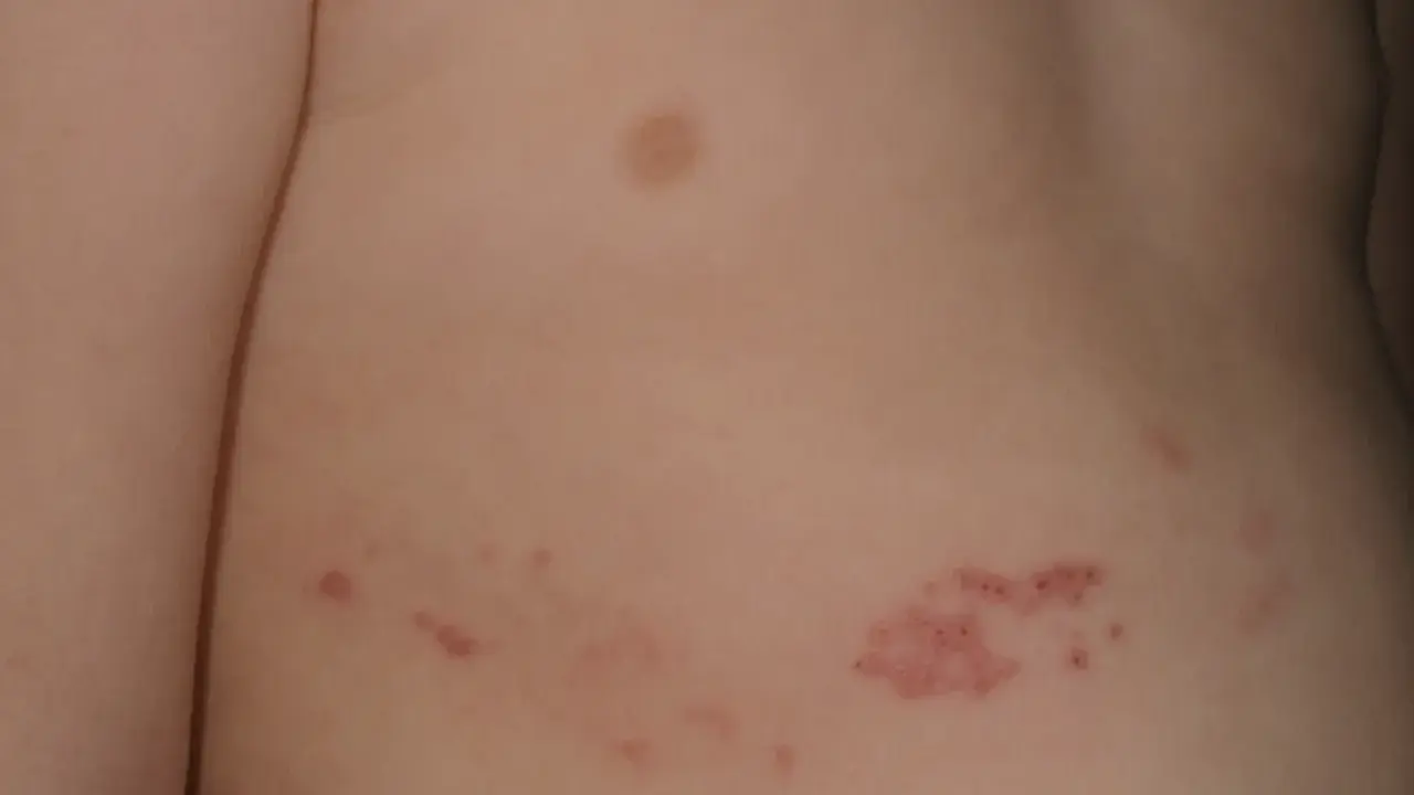 Barnets hud visar knottrig hud med röda utslag, troligen bältros.