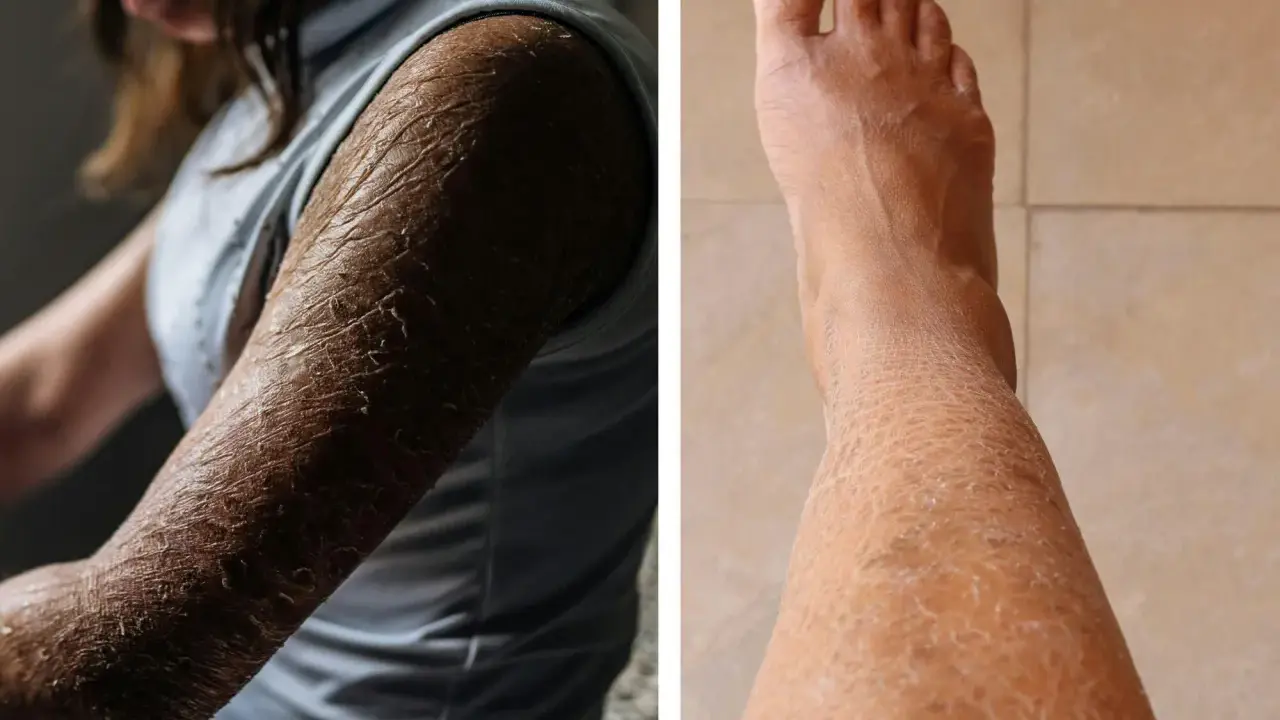 Bilden visar en person med svårt torr hud på armen och ett ben. Huden är fjällande och sprucken, vilket indikerar extrem torrhet.