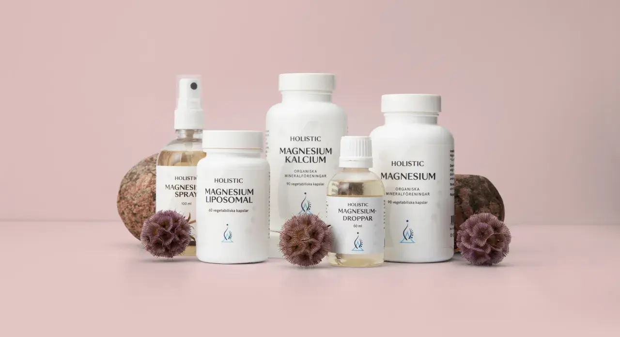 Holistic magnesiumprodukter, inklusive spray, liposomala kapslar, droppar och magnesiumkalcium. Kan vara ett stöd vid klimakteriet.