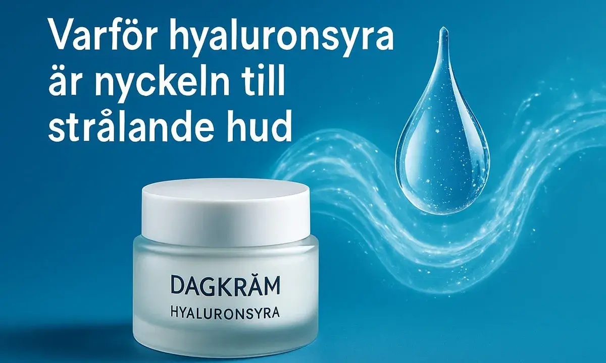 En burk dagkräm med texten "Hyaluronsyra" bredvid en stor vattendroppe. Texten på bilden lyder: "Varför hyaluronsyra är nyckeln till strålande hud.
