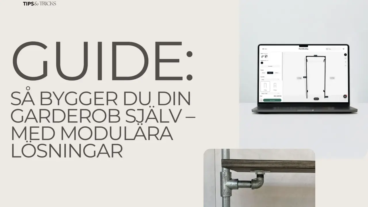Guide: Bygg din garderob med olika stilar. En laptop visar en garderobskonfigurator och en närbild visar en garderob i industriell stil.