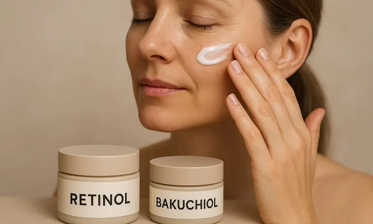 Kvinna applicerar kräm på ansiktet. Två burkar syns, en märkt "Retinol" och en "Bakuchiol". Vissa kan uppleva retinol biverkningar.