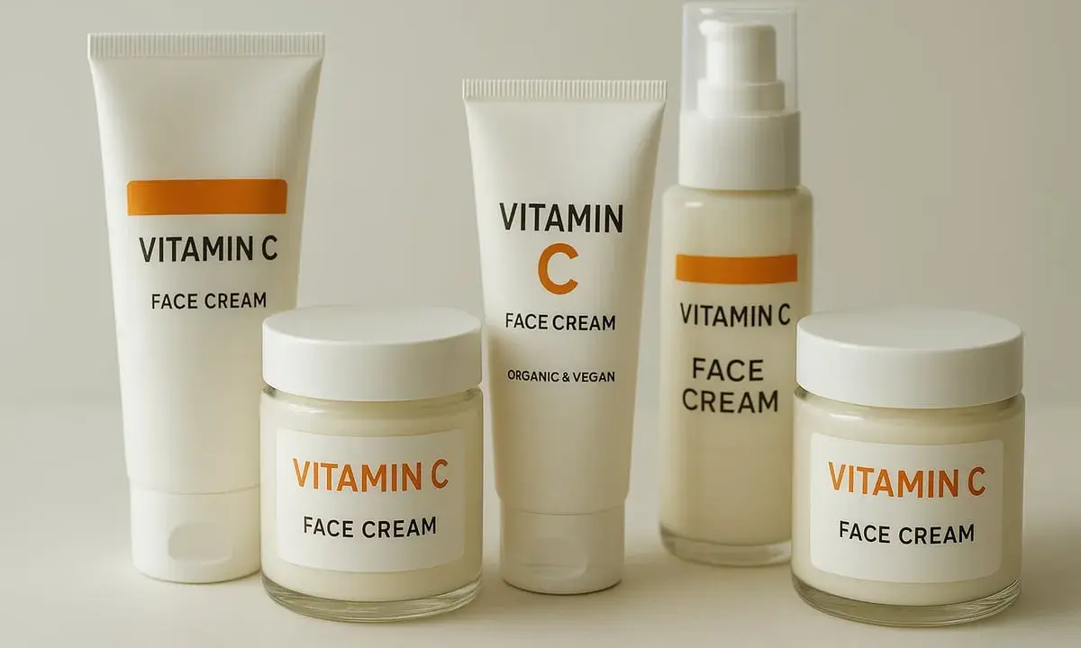 Fem förpackningar med ansiktskräm, alla märkta med "Vitamin C". En flaska med pump och burkar samt tuber. Perfekt för att ge huden en dos c vitamin sol.