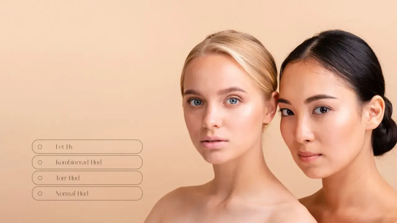Två kvinnor med olika hudtoner bredvid varandra. En textruta frågar "hur vet man vilken hudtyp man har?" med alternativ som fet, kombinerad, torr och normal hud.