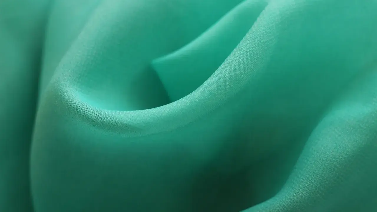 Detaljerad bild av turkos polyestertyg som visar hur tillverkas polyester genom vävning.