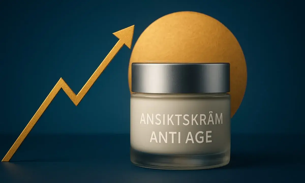 En burk ansiktskräm "Anti Age" står framför en gul cirkel. En gul pil som pekar uppåt symboliserar framgång. Krämen är icke komedogen.