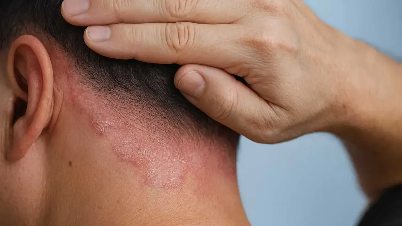Nära bild på en persons nacke och öra med rodnad och fjällande hud som indikerar mild psoriasis.