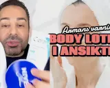 Man visar upp body lotion i ansiktet. Frågan är om det är bra för huden?