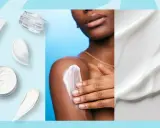 Krämer och lotions för hudvård, inklusive en person som applicerar kräm på armen. Karbamid i ansiktet kan ge återfuktning.