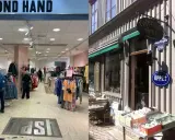 Två scener från stora loppisar: en modern second hand-butik med kläder och en antikaffär med skylten "Öppet".