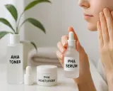 En person applicerar PHA serum för en mjukare hud. Bredvid står PHA moisturizer och AHA toner.