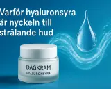 En burk dagkräm med texten "Hyaluronsyra" bredvid en stor vattendroppe. Texten på bilden lyder: "Varför hyaluronsyra är nyckeln till strålande hud.