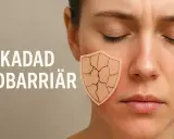 Ansiktet visar en kvinna med sluten ögon och en sköld som symboliserar torr hy och skadad hudbarriär.