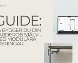 Guide: Bygg din garderob med olika stilar. En laptop visar en garderobskonfigurator och en närbild visar en garderob i industriell stil.