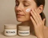 Kvinna applicerar kräm på ansiktet. Två burkar syns, en märkt "Retinol" och en "Bakuchiol". Vissa kan uppleva retinol biverkningar.
