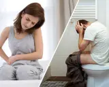 Kvinna med magont och man på toaletten, båda upplever magkatarr och diarré.
