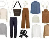 En damkapselgarderob med kläder i neutrala färger: svart klänning, beige polotröja, grå sweatshirt, bruna manchesterbyxor, randiga byxor, jeans, jeansskjorta, vit skjorta, brun fleeceväst, beige bomberjacka, mössor, halsduk, väska och smycken.