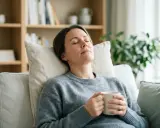 Kvinna vilar med en kopp, kanske en huskur mot bihåleinflammation. Avslappnad stämning hemma.