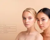 Två kvinnor med olika hudtoner bredvid varandra. En textruta frågar "hur vet man vilken hudtyp man har?" med alternativ som fet, kombinerad, torr och normal hud.