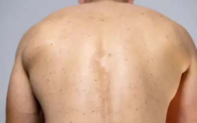 Rygg med fläckar och utslag, troligen pityriasis versicolor.