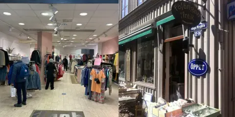 Två scener från stora loppisar: en modern second hand-butik med kläder och en antikaffär med skylten "Öppet".