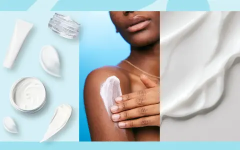 Krämer och lotions för hudvård, inklusive en person som applicerar kräm på armen. Karbamid i ansiktet kan ge återfuktning.