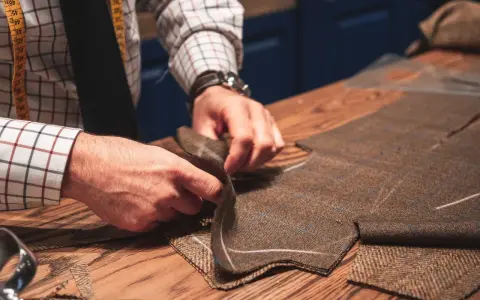 Skräddare arbetar med att laga jacka i tweed. Måttband och tyg på träbord.