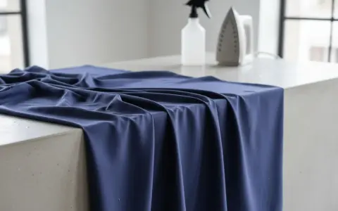 Mörkblå viskos draperad över en betongyta, med en sprayflaska och ett strykjärn i bakgrunden. Perfekt för att stryka viskos.