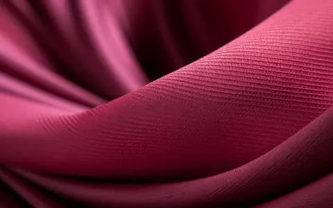 Mörkröd textil med veck och en fin ribbad textur. En visuell presentation av olika tyger.