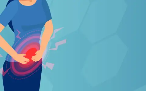 Person med magsmärtor, illustration som visar smärtområde och blixtar. Kan symbolisera behovet av ibs behandling.