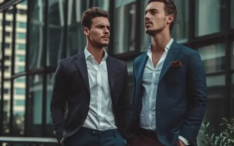 Två stiliga män i kostym framför en modern byggnad. En perfekt stilguide herr för den moderna mannen.