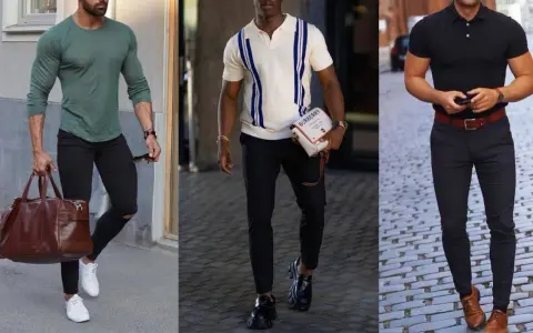 Tre män visar upp smart casual-mode. En med grön tröja och väska, en med randig pikétröja och en med svart pikétröja och brunt bälte.