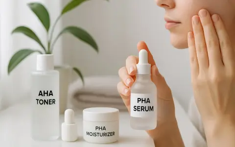 En person applicerar PHA serum för en mjukare hud. Bredvid står PHA moisturizer och AHA toner.