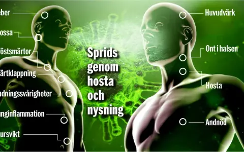 Två män visar symtom som feber, hosta och andningssvårigheter. Sprids genom hosta och nysning.