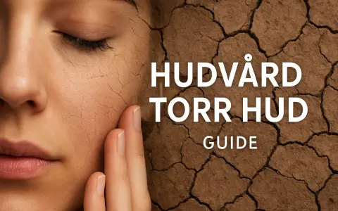 Närbild på en ansikte med torr hud, som liknar sprickor i torr jord. Texten "HUDVÅRD TORR HUD GUIDE" syns.