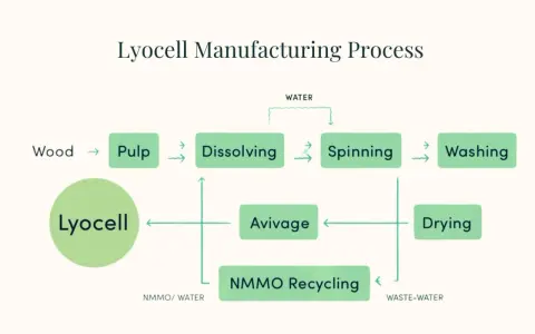 Flödesschema som visar hur lyocell tyg tillverkas från trä till färdigt material, inklusive upplösning, spinning och återvinning.